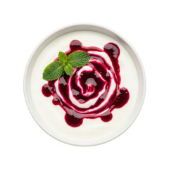 Creamy Greek yogurt in a round ceramic bowl, vibrant berry coulis splattered, fresh green mint leaves, isolated on transparent, top-down. Healthy food art concept