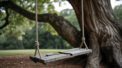 A broken, wooden swing hanging from a rope on the branch of an ancient tree.