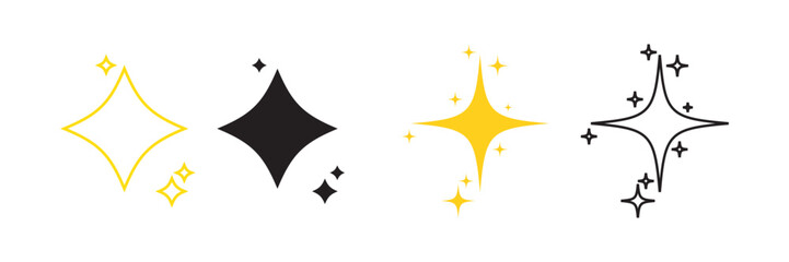 Set of Clean shining icons. Sparkle Sign. Star icons. Twinkling stars. Sparkles, shining burst. sparkle silhouette ,Star emojis. Twinkle star shapes vector design. Bright firework, decoration twinkle.