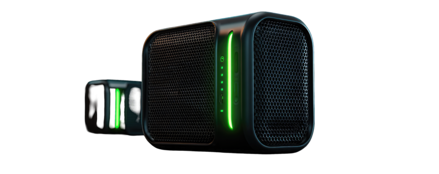 Dark, modern speaker with glowing green accents