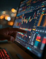 Hand Pointing at Stock Market Data on Computer Screen at Night
