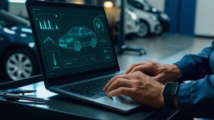 Engineer analyzing electric car holographic interface on laptop, representing smart mobility, EV diagnostics and automotive innovation. - Powered by Adobe