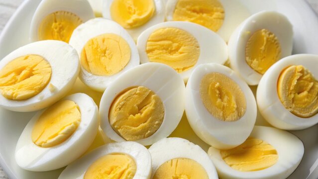 A pile of freshly cooked hard boiled eggs halved and arranged on a plate isolated on white background - Powered by Adobe