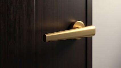 Sleek, golden door handle gracefully affixed to a dark, wood-grained door.
