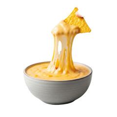 A rustic white bowl of warm, gooey golden-yellow queso dip, with a tortilla chip pulling a long, elastic cheese pull, against a soft gray studio background with bokeh, appetizing snack concept