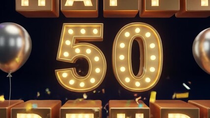 Illuminated marquee letters celebrating a joyful 50th birthday.