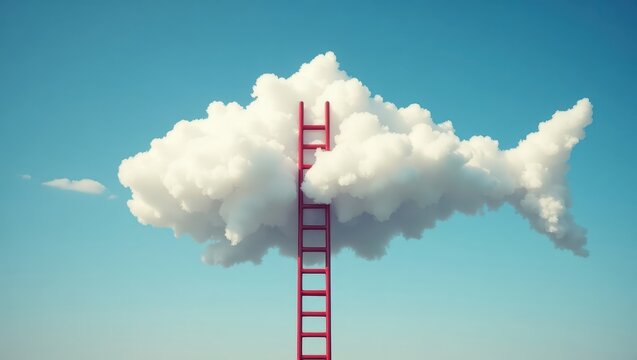 A vibrant red ladder leads upward to a fluffy cloud shaped like a fish against a clear azure sky, suggesting the path to success.