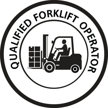 Black and white circular badge design featuring the text "Qualified Forklift Operator" around the border. Inside the circle, a forklift silhouette shows a person driving and lifting stacked boxes. Thi