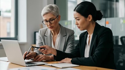 Two professional women, one senior and one younger, collaborating on a laptop during a business meeting, focusing on strategy and analysis - Powered by Adobe