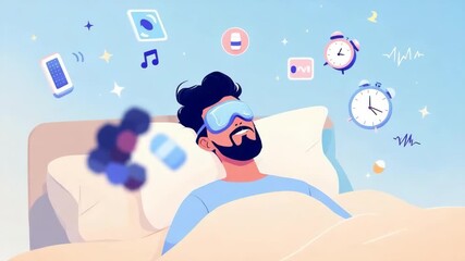Man is sleeping peacefully in his bed wearing a sleep mask, surrounded by icons representing sleep aids and good sleep habits - Powered by Adobe