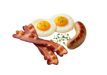 Gourmet breakfast: basted eggs, crispy bacon, chicken-apple sausage, micro-parsley on white plate, isolated on transparent studio background with bokeh, concept of delicious gourmet breakfast