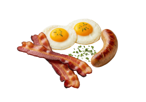 Gourmet breakfast: basted eggs, crispy bacon, chicken-apple sausage, micro-parsley on white plate, isolated on transparent studio background with bokeh, concept of delicious gourmet breakfast
