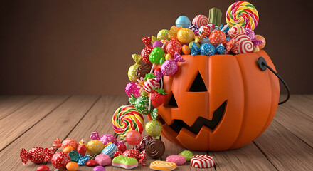 Overflowing jack o lantern bucket filled with colorful halloween candy