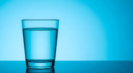 Serenity in Glass HalfFull Glass of Water Against Vibrant Blue Background.Copy Space.