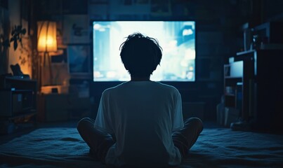 Concept of gaming addiction, featuring a boy sitting in a dark room, lit only by the glow of a screen, symbolizing the immersive nature of excessive gaming and its potential risks, Generative AI
