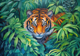 Tiger in the forest. Beautiful acrylic painting.Generatuve AI