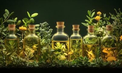 Aromatherapy concept with glass bottles filled with essential oils and decorative plants, symbolizing the use of aromatic plant extracts for healing and well-being, Generative AI