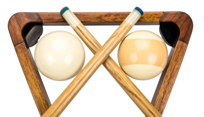 Two crossed pool cues and two billiard balls isolated on solid white background in Png form