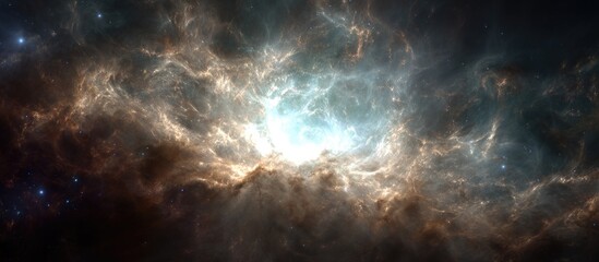 A vibrant nebula with swirling gases and a bright central core, set against a dark space backdrop