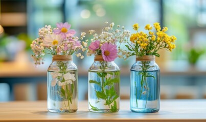Aromatherapy concept with glass bottles filled with essential oils and decorative plants, symbolizing the use of aromatic plant extracts for healing and well-being, Generative AI