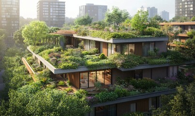 Concept of Green Roof Oases, urban rooftops as vibrant green spaces contributing to biodiversity, cooling effects, and improved air quality, promoting resilience in cities, Generative AI