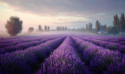 Obraz premium Lavender field at dawn with mist