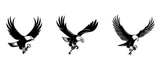 Obraz premium Black and white vector illustration set of a powerful swooping bald eagle in three poses