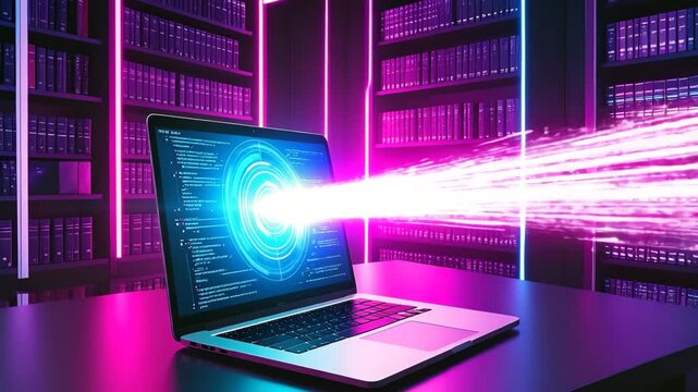 futuristic video of a digital device with neon cyberpunk background and holographic glow laptop emitting data in library