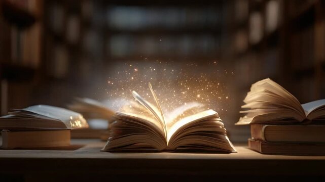 Book of Wonder: An open book emits radiant energy, as if imbued with magic, inviting exploration, learning, and discovery amidst a backdrop of library.