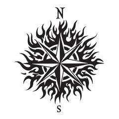 Obraz premium Black and white decorative compass rose design with flame inspired decorative elements