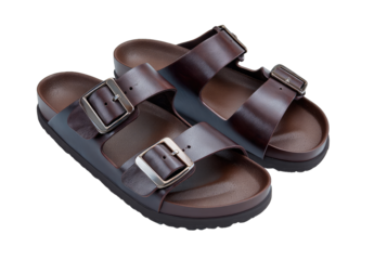 Pair of brown leather sandals.  Dual adjustable buckles
