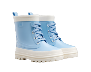 Light-blue rubber boots with white soles and laces