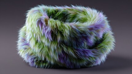 A colorful, furry, doughnut-shaped object with a mix of green, light green, and purple hues, set against a neutral gray background.