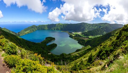 Vista of Sete Cidades Lake, Azores, with Yellow Flowers and Dramatic Clouds
