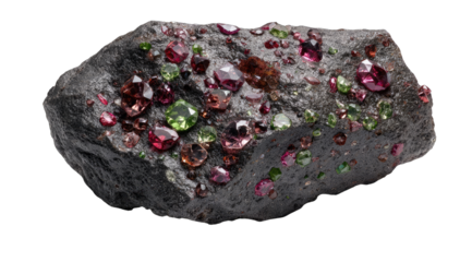 Dark rock specimen, studded with vibrant red and green gemstones