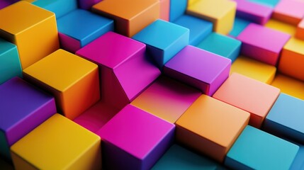 Obraz premium Abstract image of vibrant, colorful cubes forming a dynamic, three-dimensional pattern with varying heights and depths, creating a sense of movement and energy
