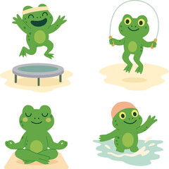 Cute flat vector illustration of cartoon frogs doing sports activities — jumping on trampoline, skipping rope, practicing yoga, and swimming.