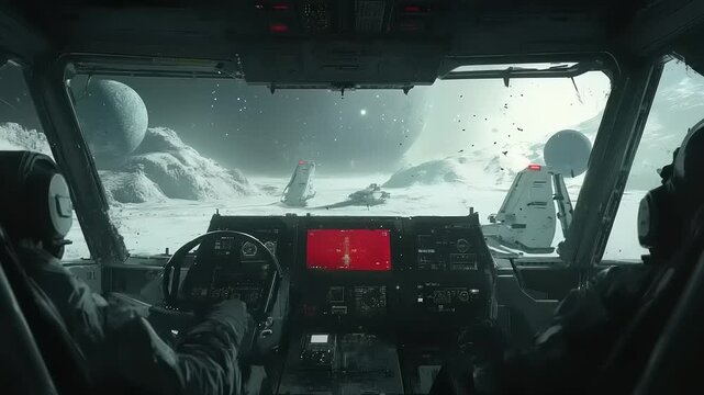 View from the Cockpit Gen-4 Turbo Spacecraft Exploring an Alien Lunar Landscape