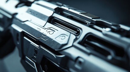 Close-up of a futuristic, metallic weapon; detailed textures, intricate design, and subtle wear suggest a used, high-tech firearm