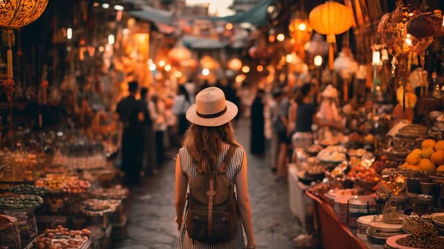 Bazaar after bazaar, the alley shines with lantern lights. In this shop, spices are piled high, and snacks tempt the traveler. Market sounds, shop smells, bazaar colors, and lantern glows fill the air