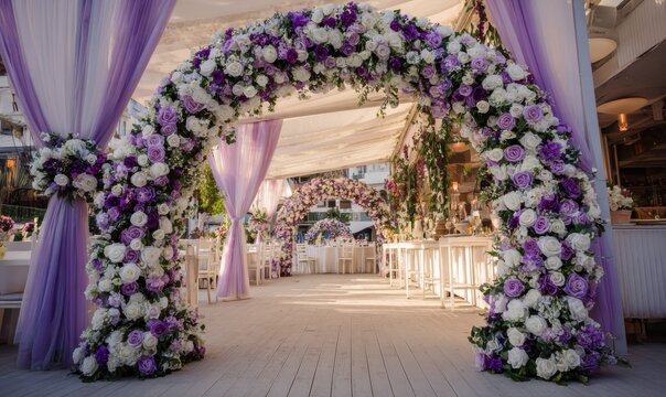 Elegant floral archway at an outdoor wedding reception - Powered by Adobe