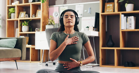 Woman, breathing or audio therapy with headphones for zen exercise or technique in home. Female...