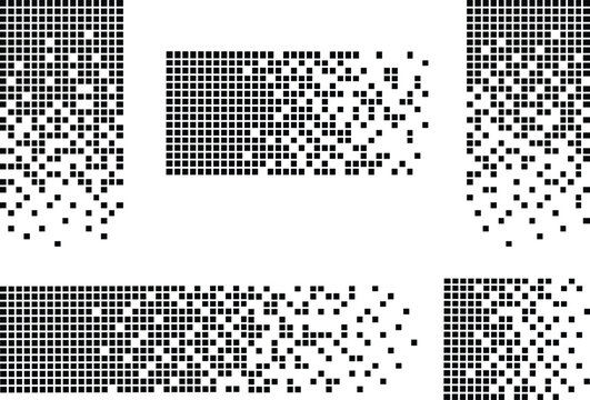 Pixel disintegration icons set in flat and line styles. Collection and group of decay effect with dispersed dotted pattern, mosaic texture, simple square particles, glitch art, broken shape, digital d