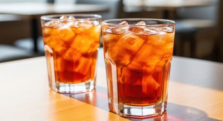 Two tall glasses filled with iced tea and ice cubes on a wooden table, a refreshing cold beverage
