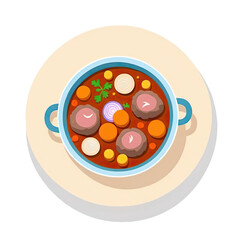 Hearty meat stew with vegetables served in a blue pot on a wooden table