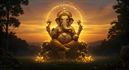 Gold God Ganesha sitting in throne with evening vibes, made by Ai