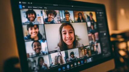 Connected Classroom: A vibrant montage of young learners engaged in a virtual classroom session, their faces lighting up the screen. - Powered by Adobe