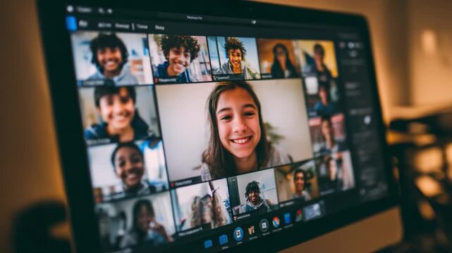 Connected Classroom: A vibrant montage of young learners engaged in a virtual classroom session, their faces lighting up the screen. - Powered by Adobe