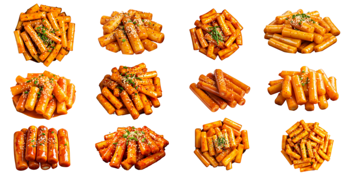 Korean food tteokbokki set, stir-fried Rice Cake, Realistic on isolated transparent background.
