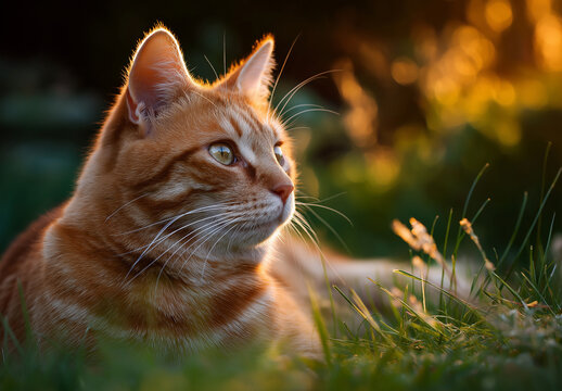 A ginger tabby cat lying in green grass with a blurred background in the golden light of the evening sun